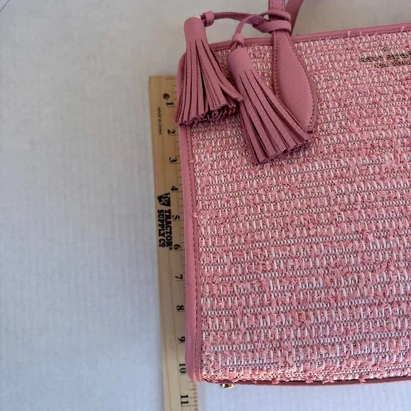 Kate Spade Rowe Summer Tweed Pink Raffia Leather Medium Satchel Bag NEW - Picture 7 of 16